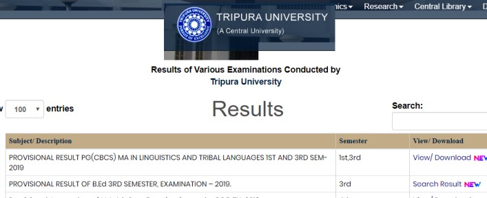 Tripura University Result 2020