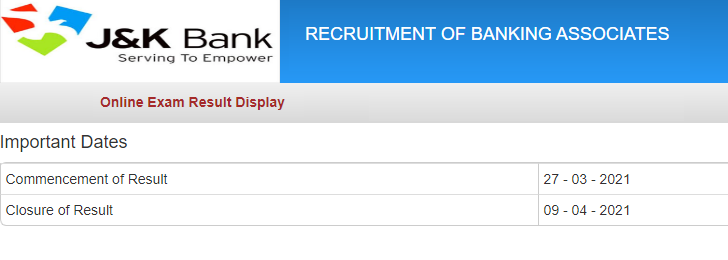 J&K Bank Banking Associate Result 2021